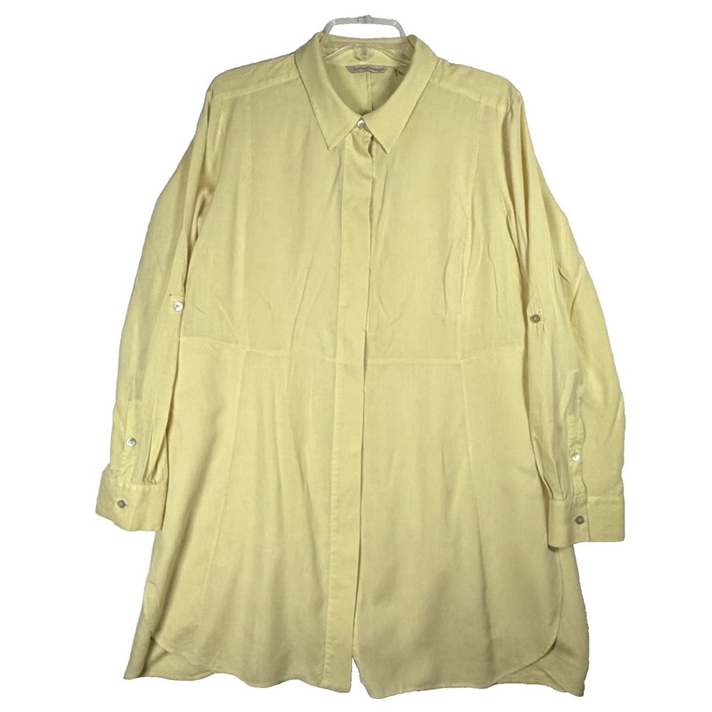 Soft Surroundings Tunic Size XL Yellow 100% Silk Button Front Lagenlook Roll Tab